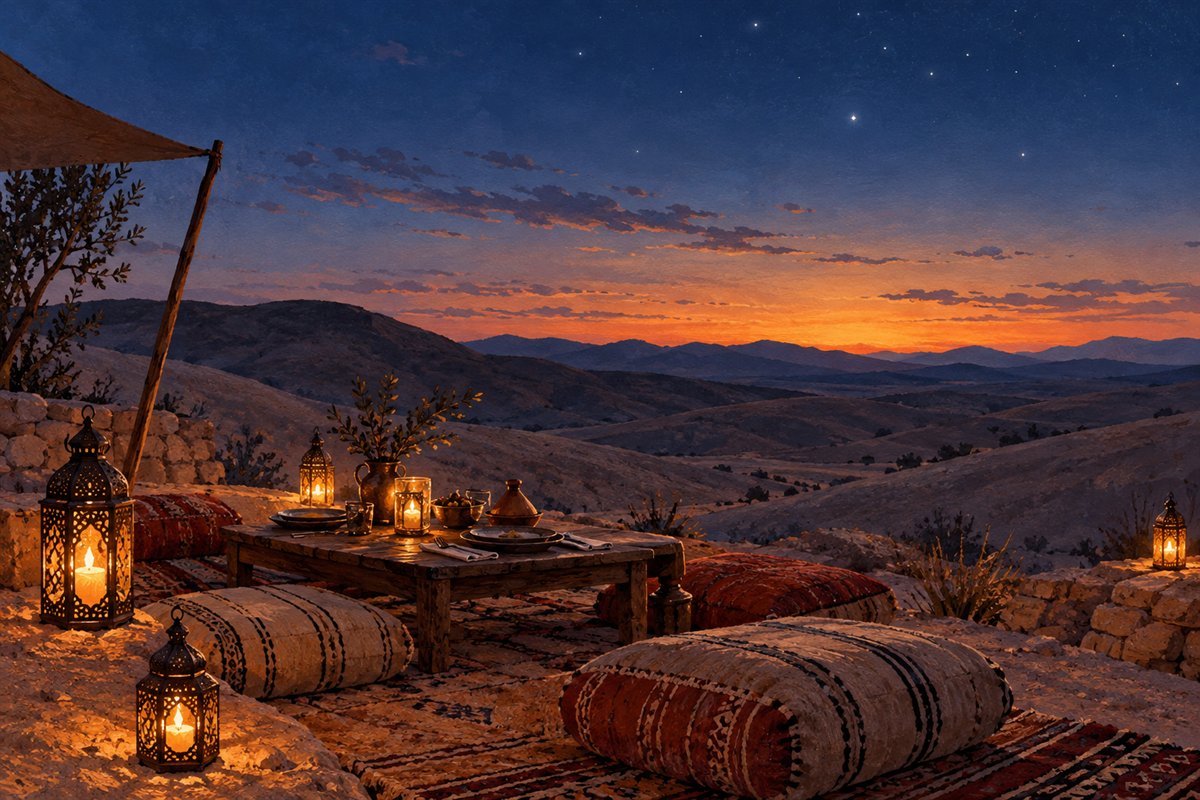 Illustration d’un dîner sous les étoiles dans le désert d’Agafay