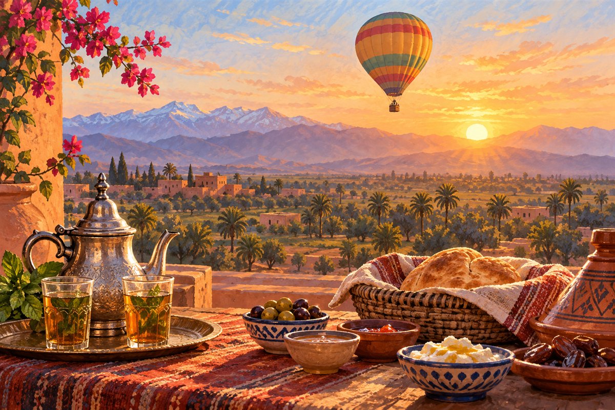 Illustration d’un petit-déjeuner face à une montgolfière près de Marrakech