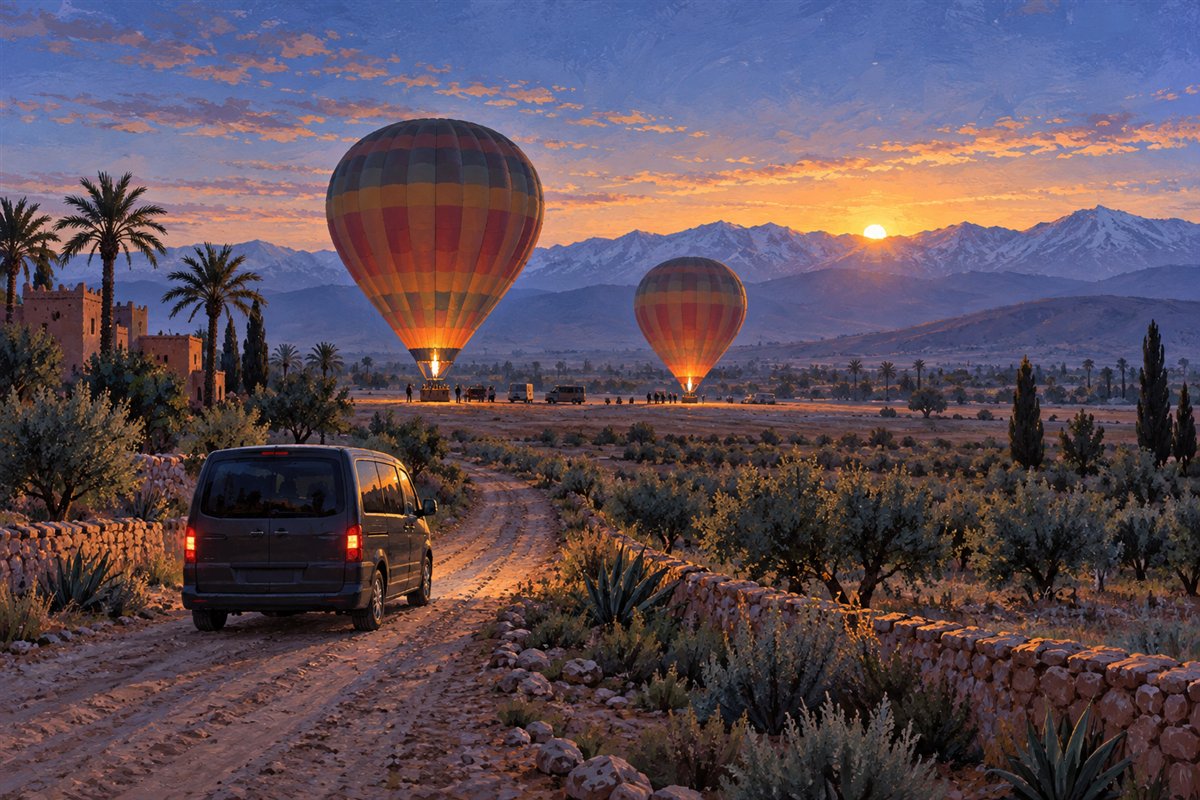 Illustration d’un transfert matinal vers des montgolfières près de Marrakech