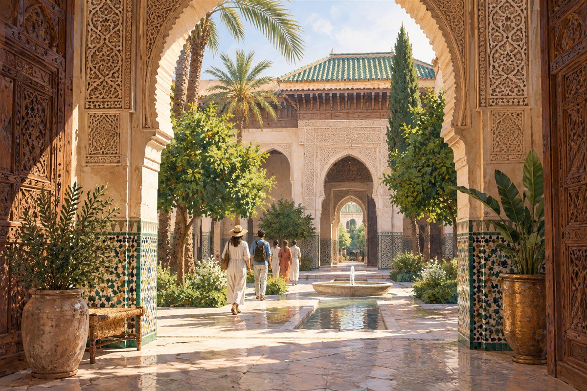 Illustration d’une visite guidée dans un palais historique de Marrakech