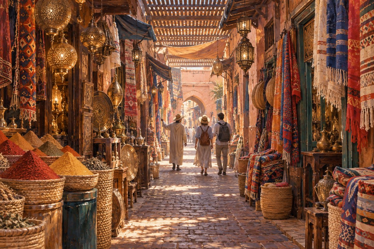 Illustration d’une visite guidée dans les souks colorés de Marrakech