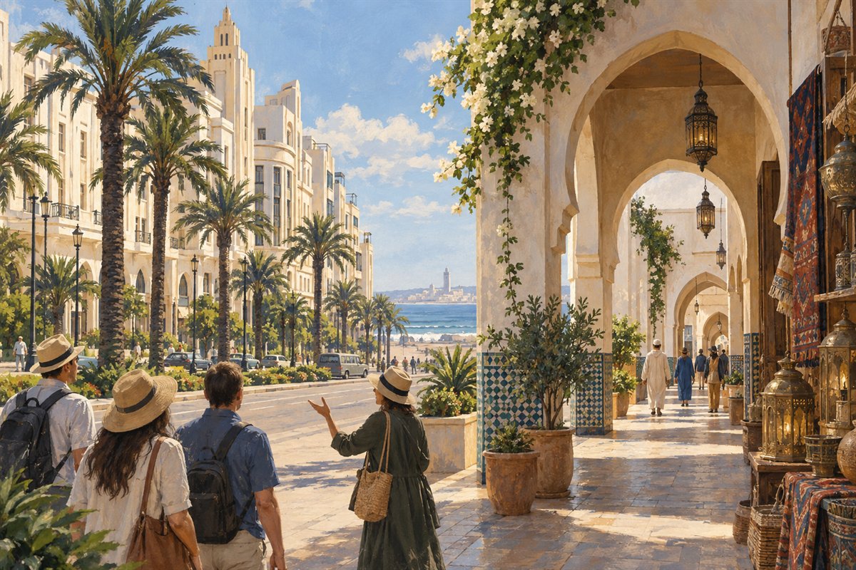 Illustration éditoriale de Casablanca entre boulevard Art déco, arcades des Habous et horizon atlantique