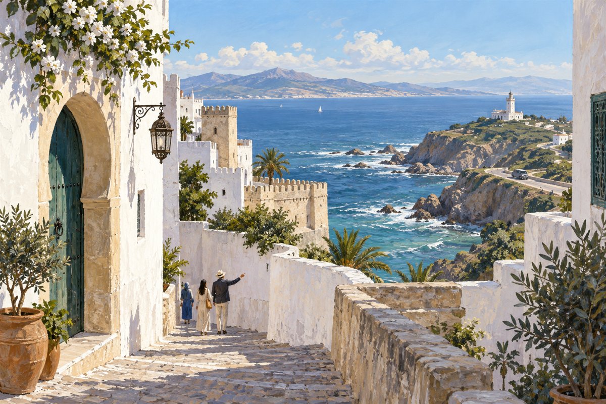 Illustration éditoriale d’un parcours privé de la kasbah de Tanger vers le détroit et le cap Spartel