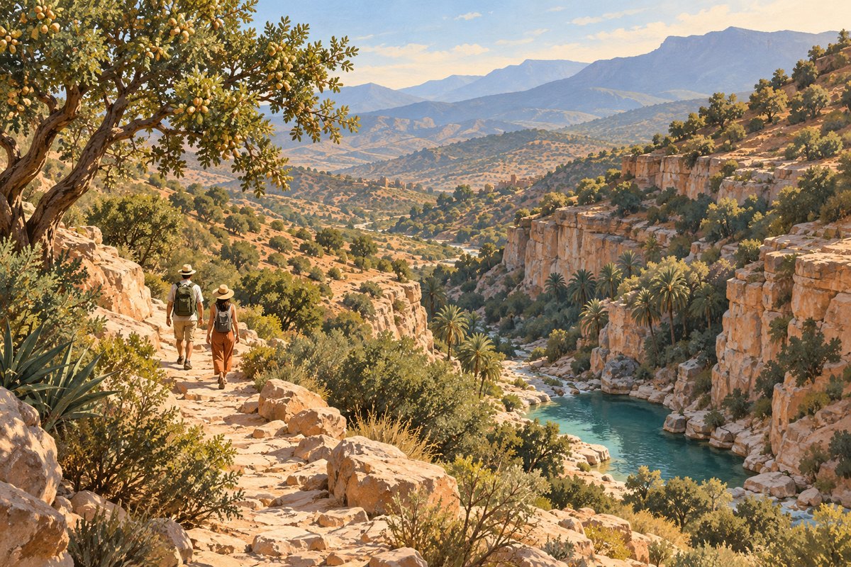 Illustration éditoriale d’un sentier dans les contreforts de l’Atlas au-dessus de la vallée du Paradis