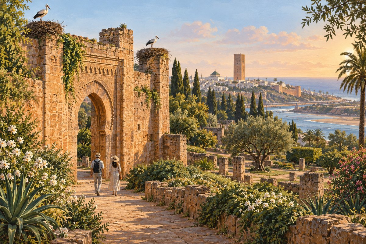 Illustration éditoriale des jardins du Chellah et des grands repères de Rabat