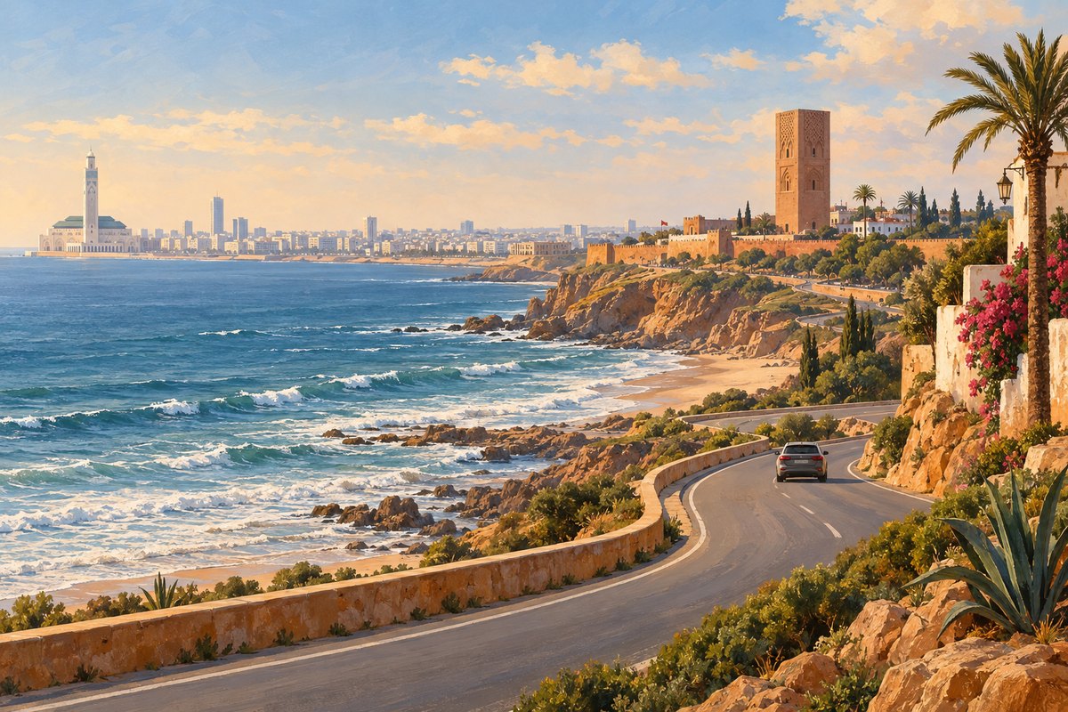 Illustration éditoriale d’un voyage côtier reliant Casablanca aux monuments de Rabat