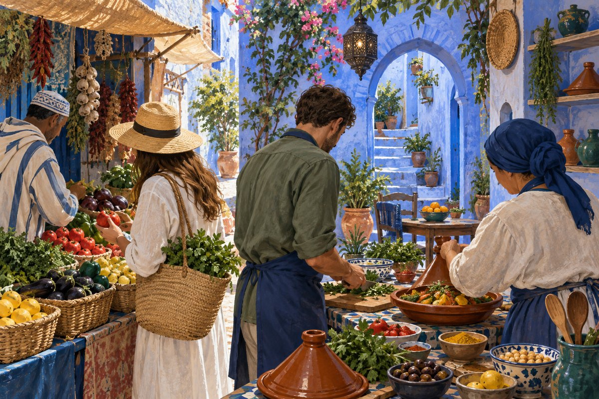 Illustration éditoriale d’un marché et d’une cuisine familiale dans les ruelles bleues de Chefchaouen