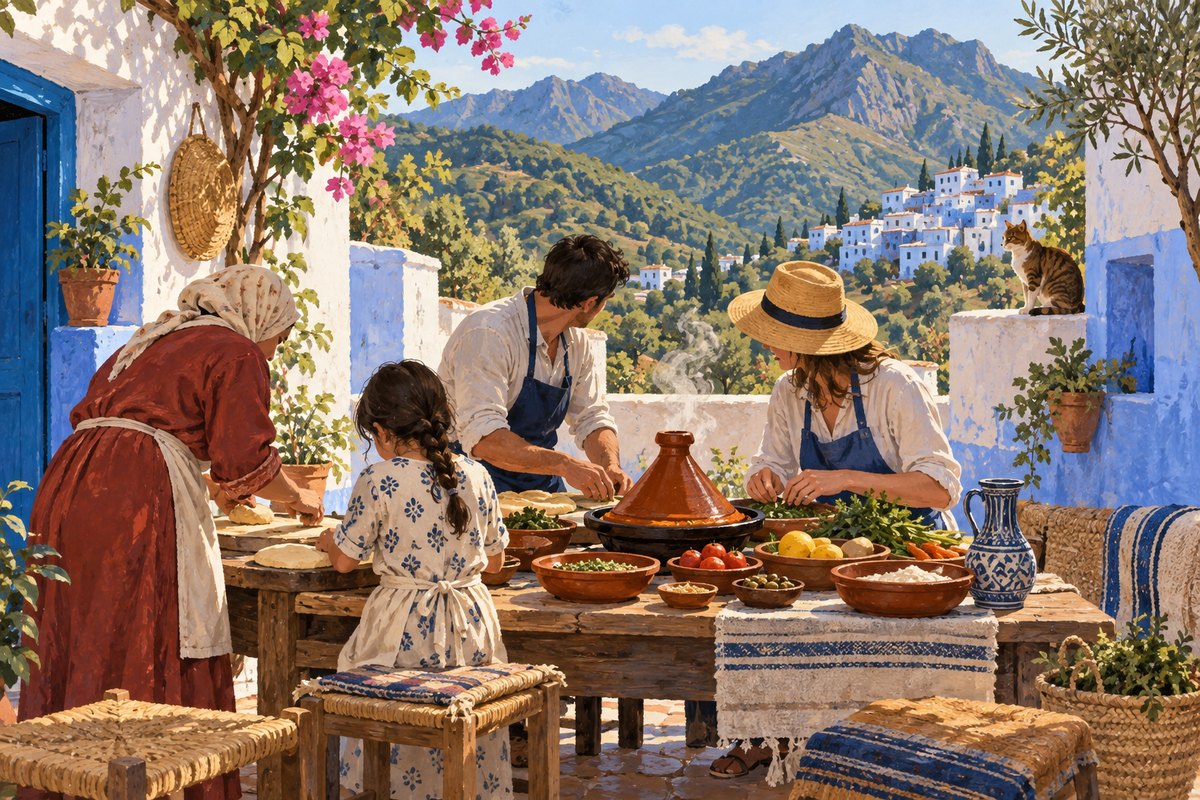 Illustration éditoriale d’un atelier de cuisine partagé sur une terrasse villageoise près de Chefchaouen