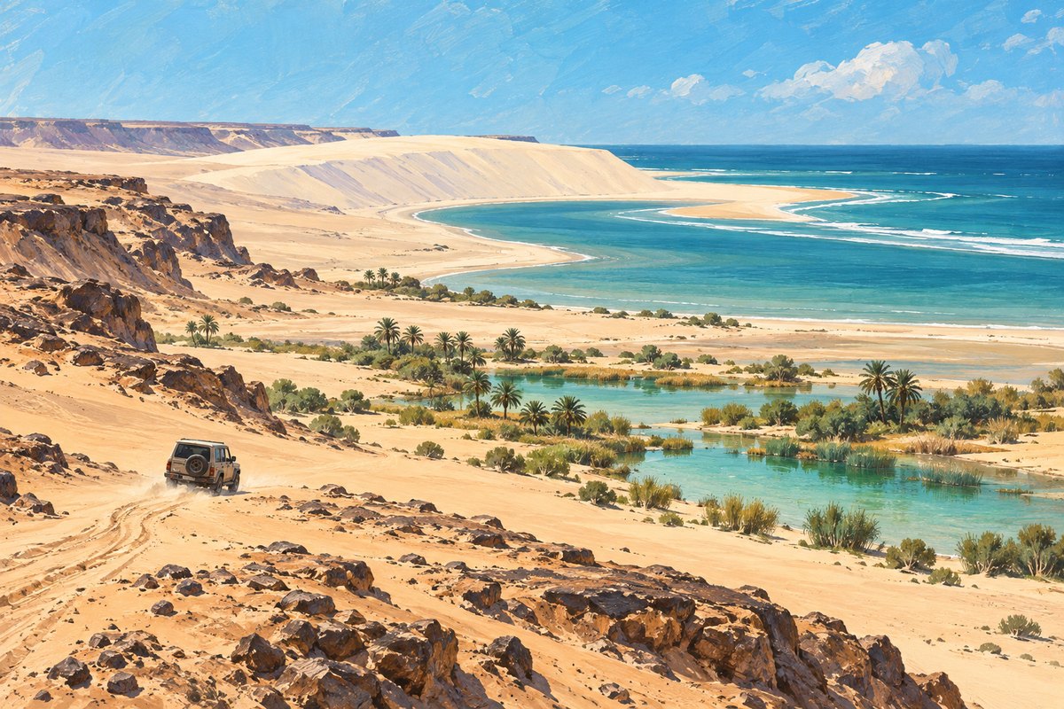 Illustration éditoriale d’un 4×4 traversant le désert vers la dune Blanche et les eaux de Dakhla