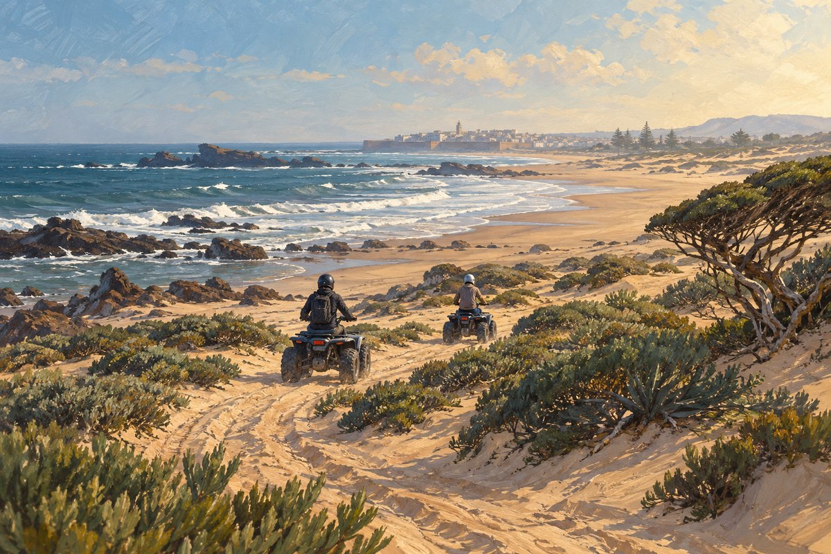Illustration éditoriale d’une sortie en quad encadrée entre les dunes et le littoral d’Essaouira
