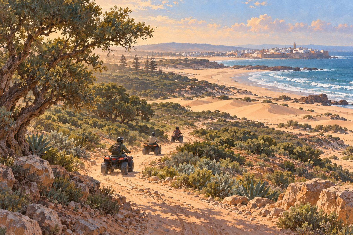 Illustration éditoriale d’un parcours en quad reliant forêt côtière, dunes et plages d’Essaouira