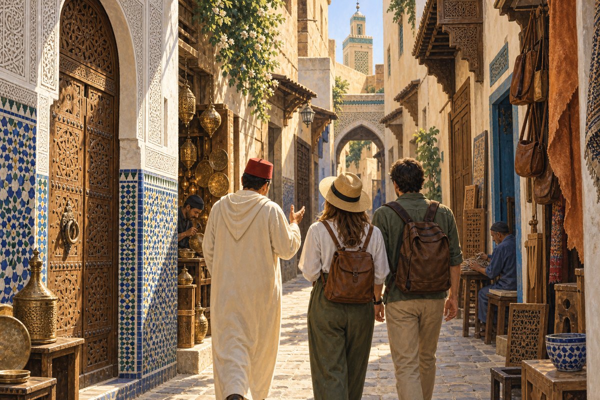 Illustration éditoriale d’une journée à pied entre architecture, patios et toits de la médina de Fès