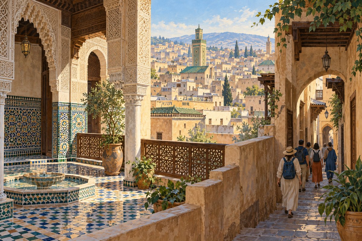 Illustration éditoriale d’une visite guidée parmi les ruelles et ateliers de la médina de Fès