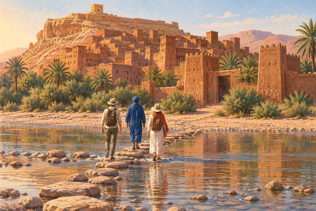 Illustration éditoriale d’une arrivée à pied vers les tours en terre d’Aït-Ben-Haddou