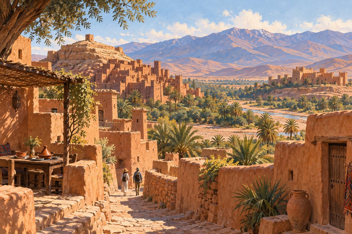 Illustration éditoriale d’un parcours reliant le ksar d’Aït-Ben-Haddou aux kasbahs de Ouarzazate