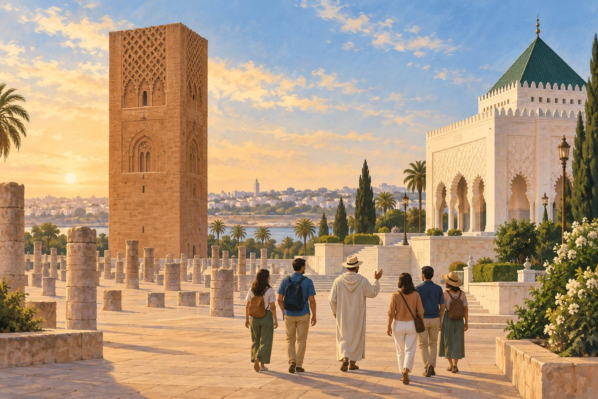 Illustration éditoriale d’un parcours culturel à pied entre la tour Hassan et les arcades de Rabat