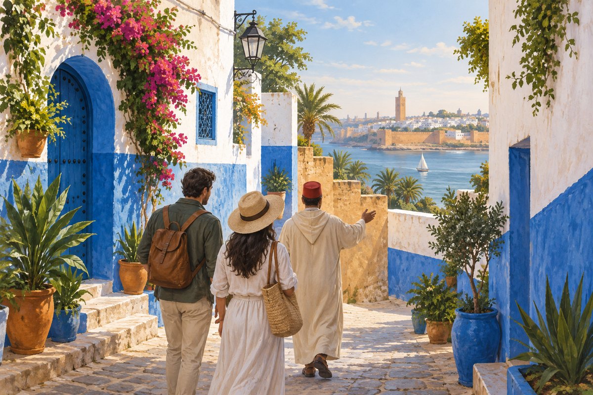 Illustration éditoriale d’une promenade guidée dans les ruelles bleues des Oudayas à Rabat