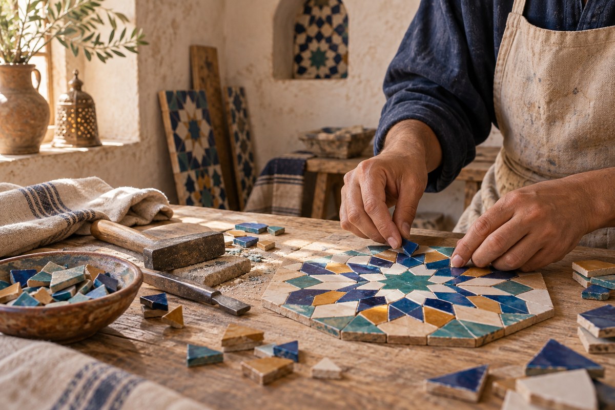 Mains d’un artisan assemblant des tesselles de zellige bleu, turquoise, blanc et ocre dans un atelier de Tétouan.