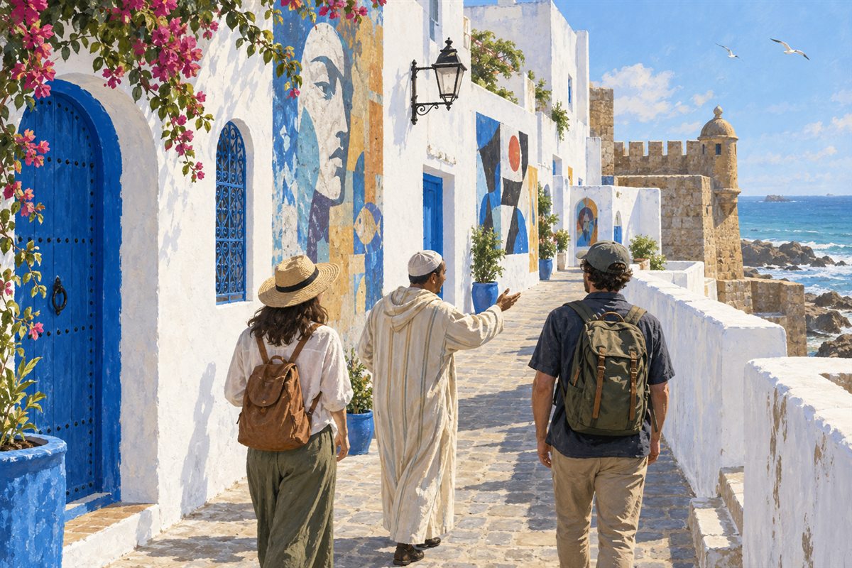 Illustration éditoriale MOP d’une visite guidée parmi les œuvres et les remparts de la médina d’Asilah.