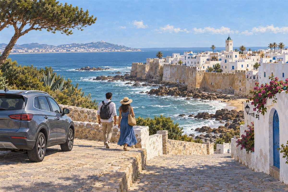 Illustration éditoriale MOP d’une arrivée par la côte face aux remparts blancs d’Asilah.