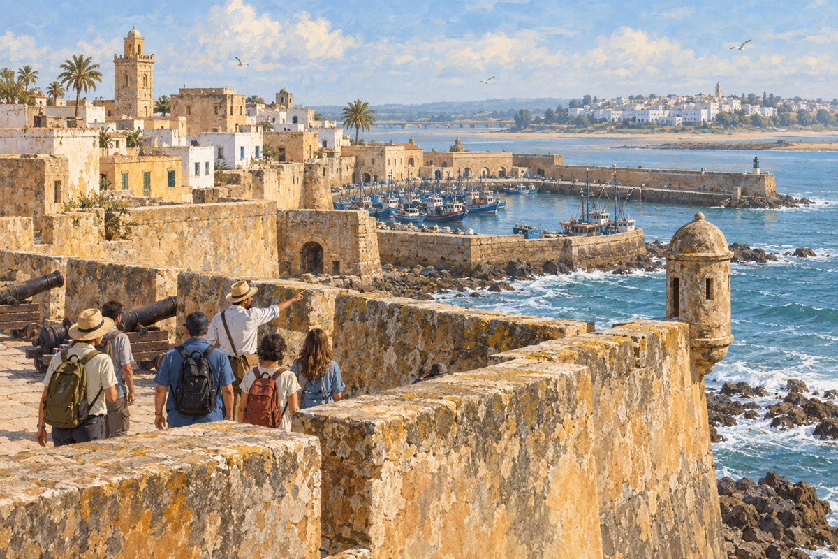 Illustration éditoriale MOP d’une visite des remparts portugais d’El Jadida face à l’Atlantique.