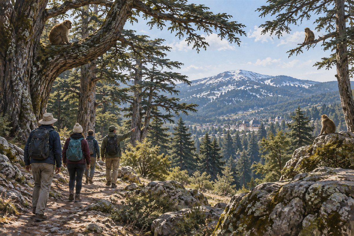 Illustration éditoriale MOP d’une marche guidée dans une cédraie près d’Azrou, à distance de la faune.