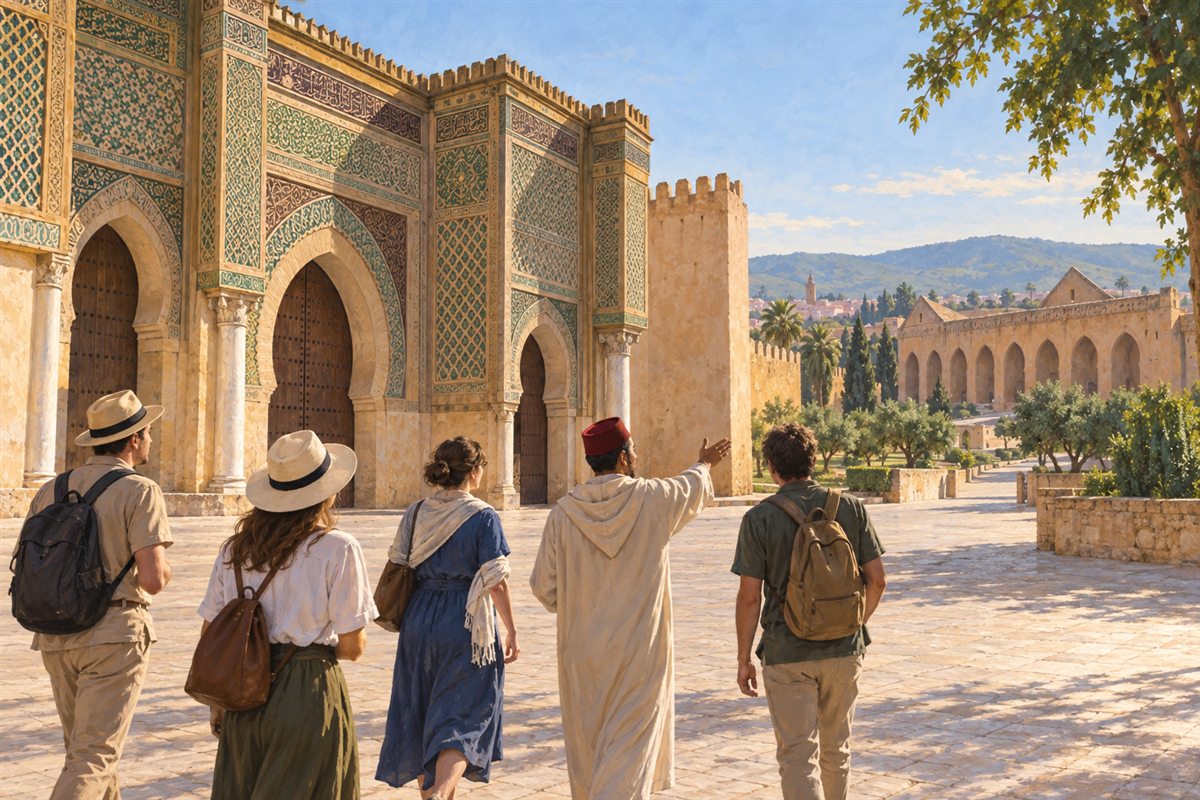 Illustration éditoriale MOP d’une visite du patrimoine impérial de Meknès près de Bab Mansour.