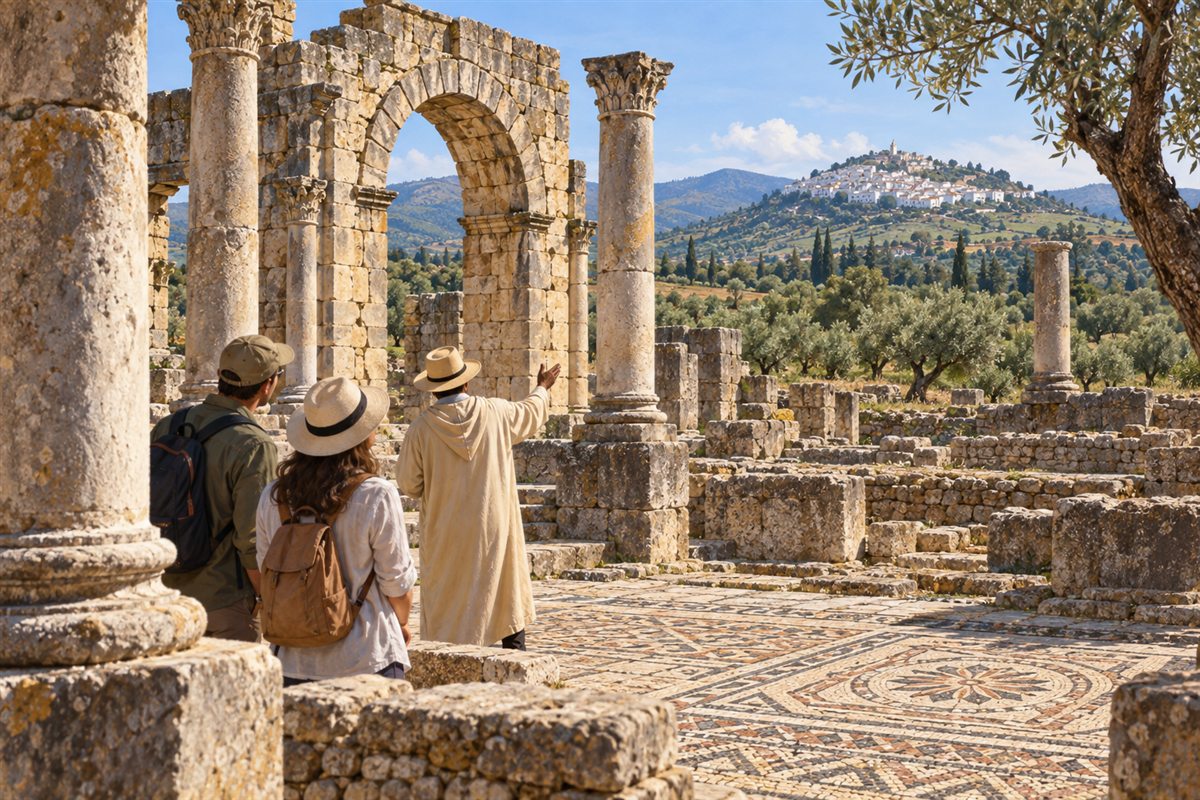 Illustration éditoriale MOP d’une visite guidée des vestiges de Volubilis avec Moulay Idriss au loin.