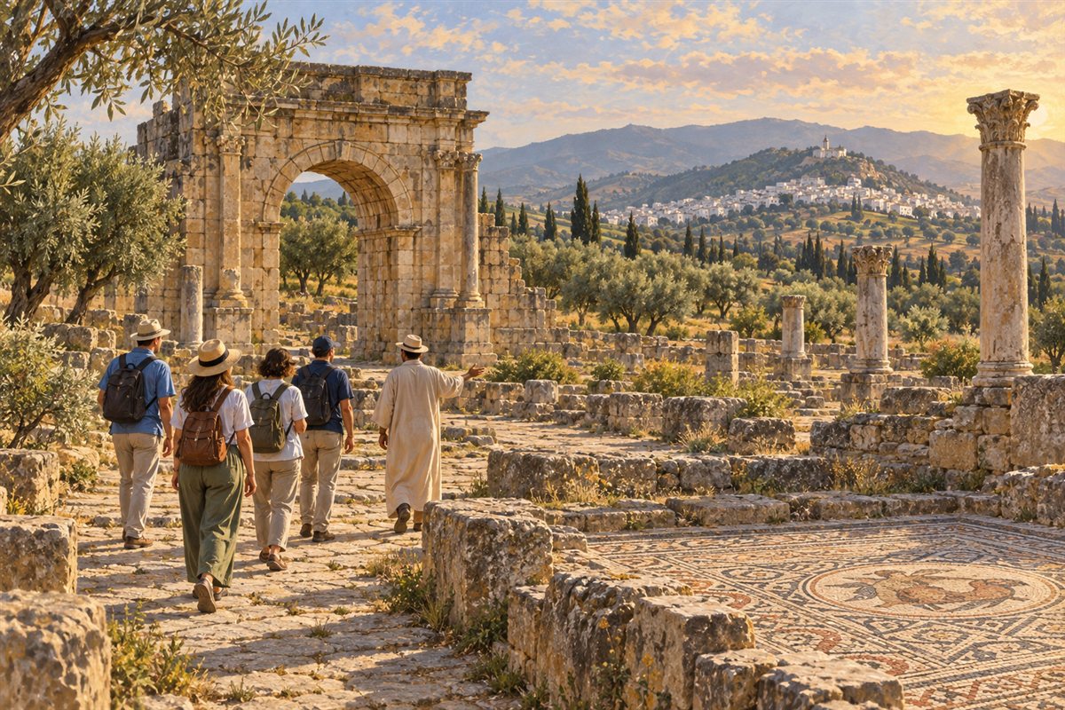 Illustration éditoriale MOP d’un petit groupe découvrant l’arc et les mosaïques de Volubilis.