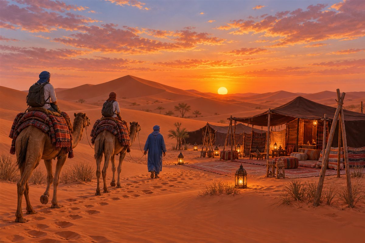 Illustration éditoriale MOP de voyageurs arrivant à dos de dromadaire dans un bivouac des dunes au coucher du soleil.