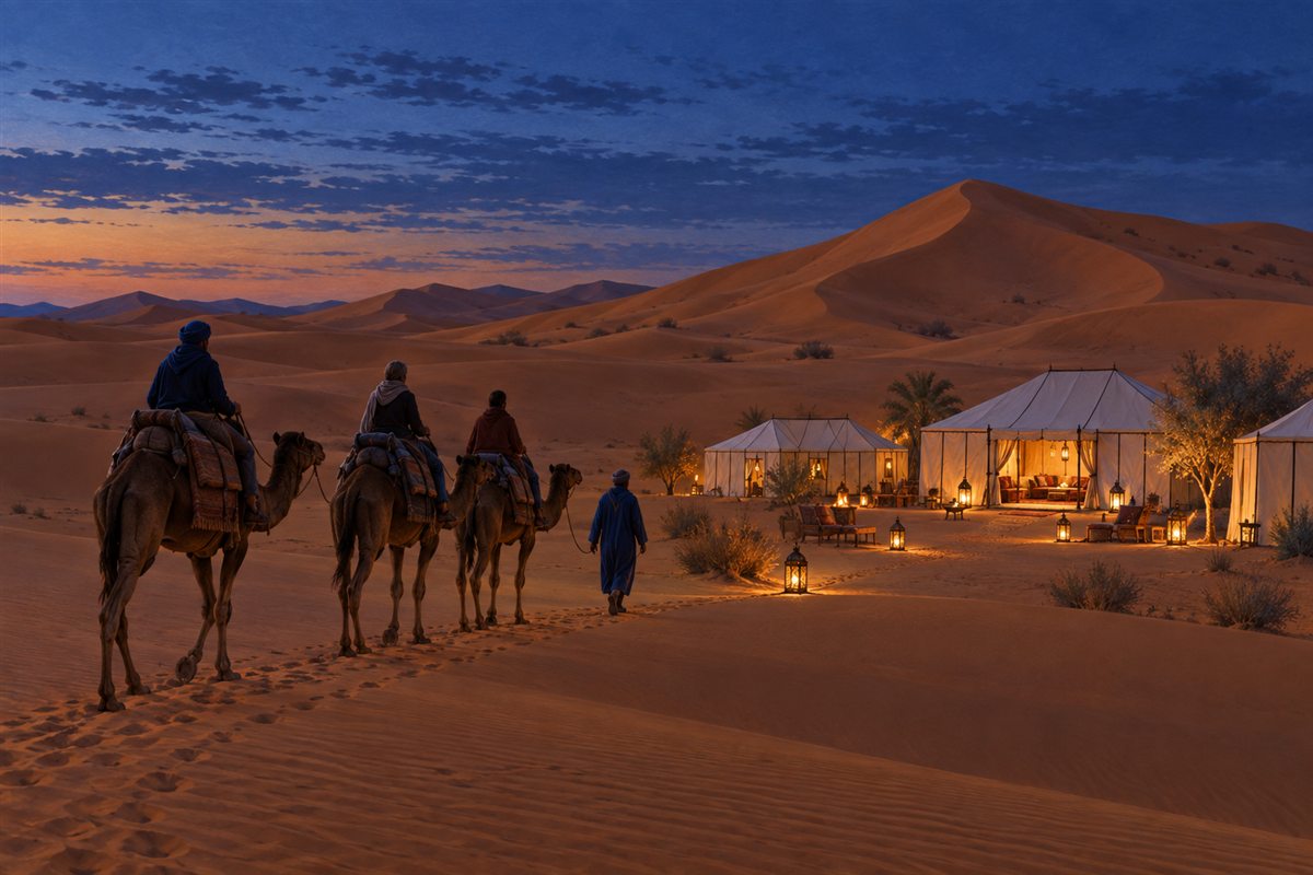 Illustration éditoriale MOP d’une petite caravane arrivant dans un camp des dunes de Merzouga à la tombée du jour.