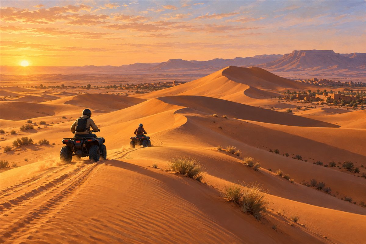 Illustration éditoriale MOP de deux personnes en quad dans les dunes de Merzouga au lever du soleil.