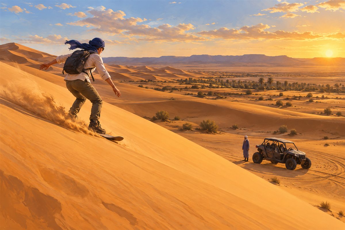 Illustration éditoriale MOP d’une descente en sandboard avec un buggy arrêté au pied d’une dune près de Merzouga.