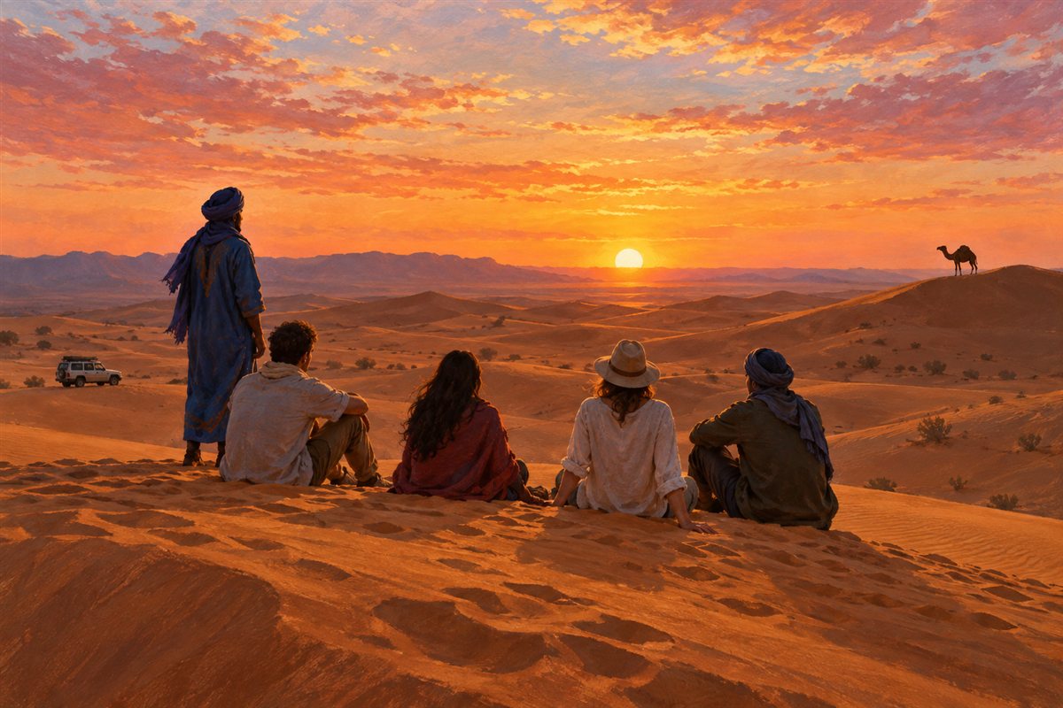 Illustration éditoriale MOP d’un petit groupe observant le coucher du soleil sur les dunes de Merzouga.