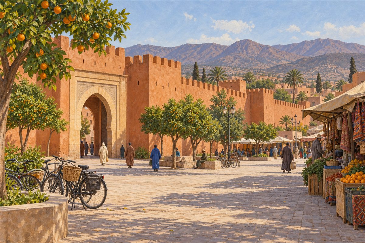 Illustration éditoriale MOP des remparts ocre, d’une porte et de la place Assarag à Taroudant.