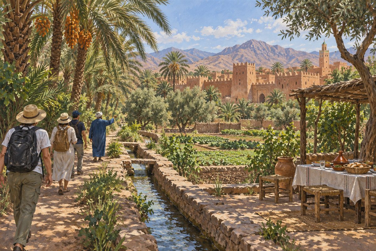 Illustration éditoriale MOP d’une marche guidée dans l’oasis de Tiout avec les remparts de Taroudant au loin.