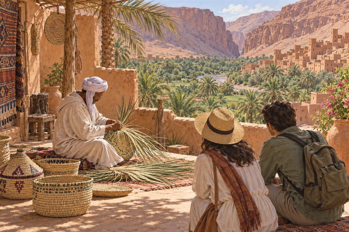 Illustration éditoriale MOP d’un artisan travaillant les fibres de palmier au-dessus de l’oasis de Tinghir.