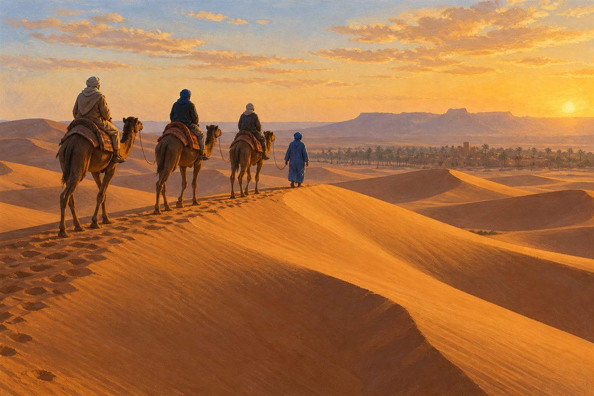 Illustration éditoriale MOP d’une petite caravane parcourant une crête de dunes à Erg Chigaga.