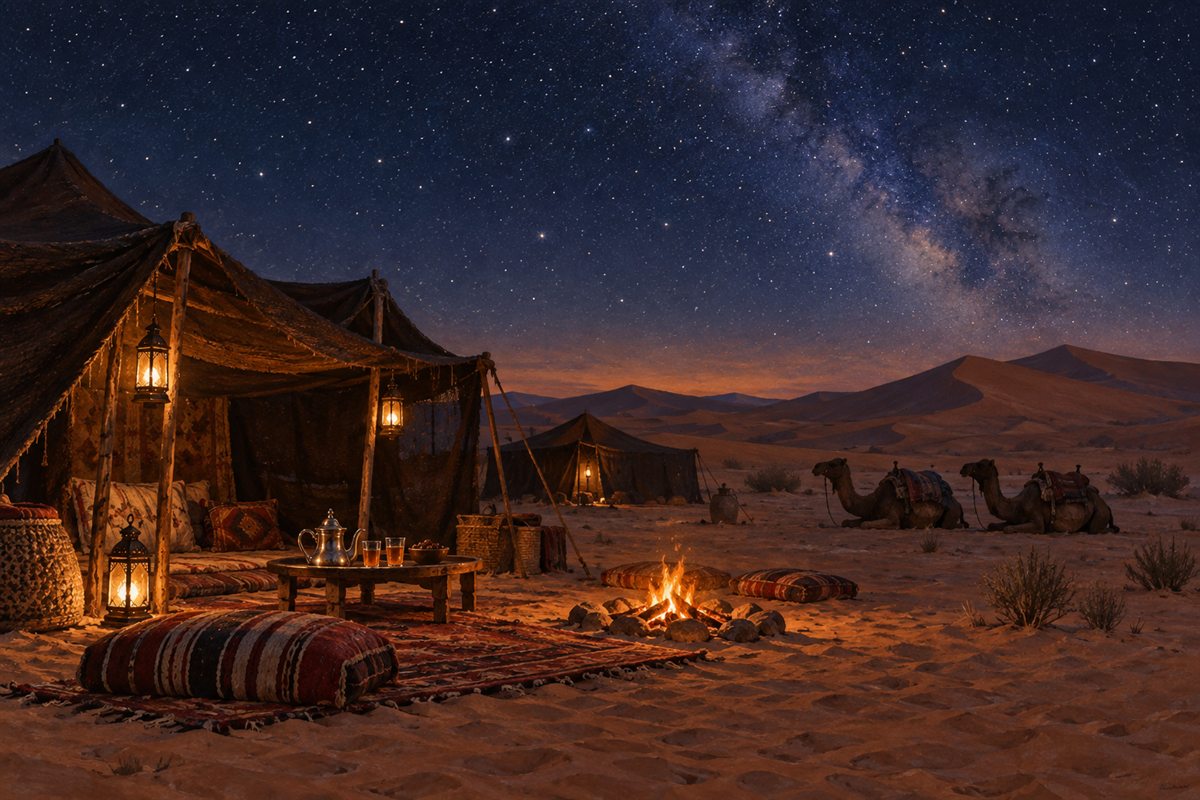 Illustration éditoriale MOP d’un bivouac discret sous les étoiles dans les dunes d’Erg Chigaga.