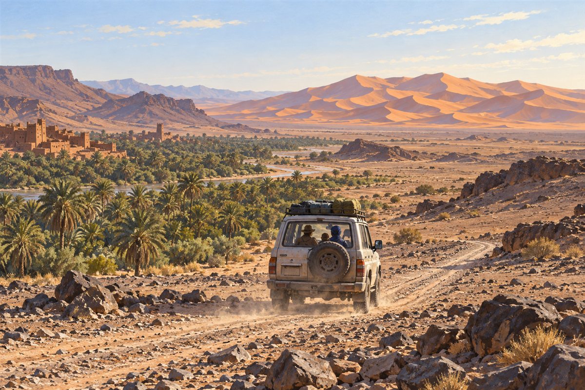 Illustration éditoriale MOP d’un 4×4 sur la piste reliant la vallée du Drâa aux dunes d’Erg Chigaga.