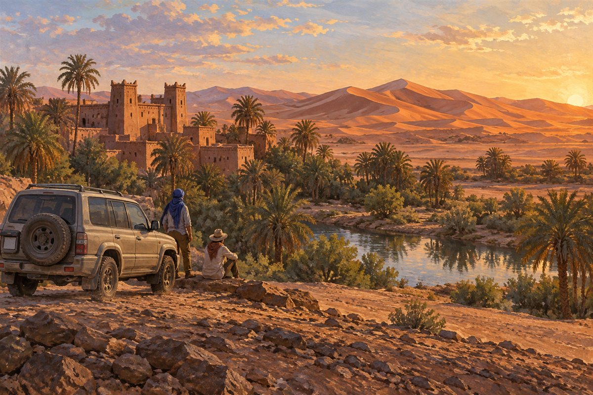 Illustration éditoriale MOP d’une halte en 4×4 face à une oasis de la vallée du Drâa.