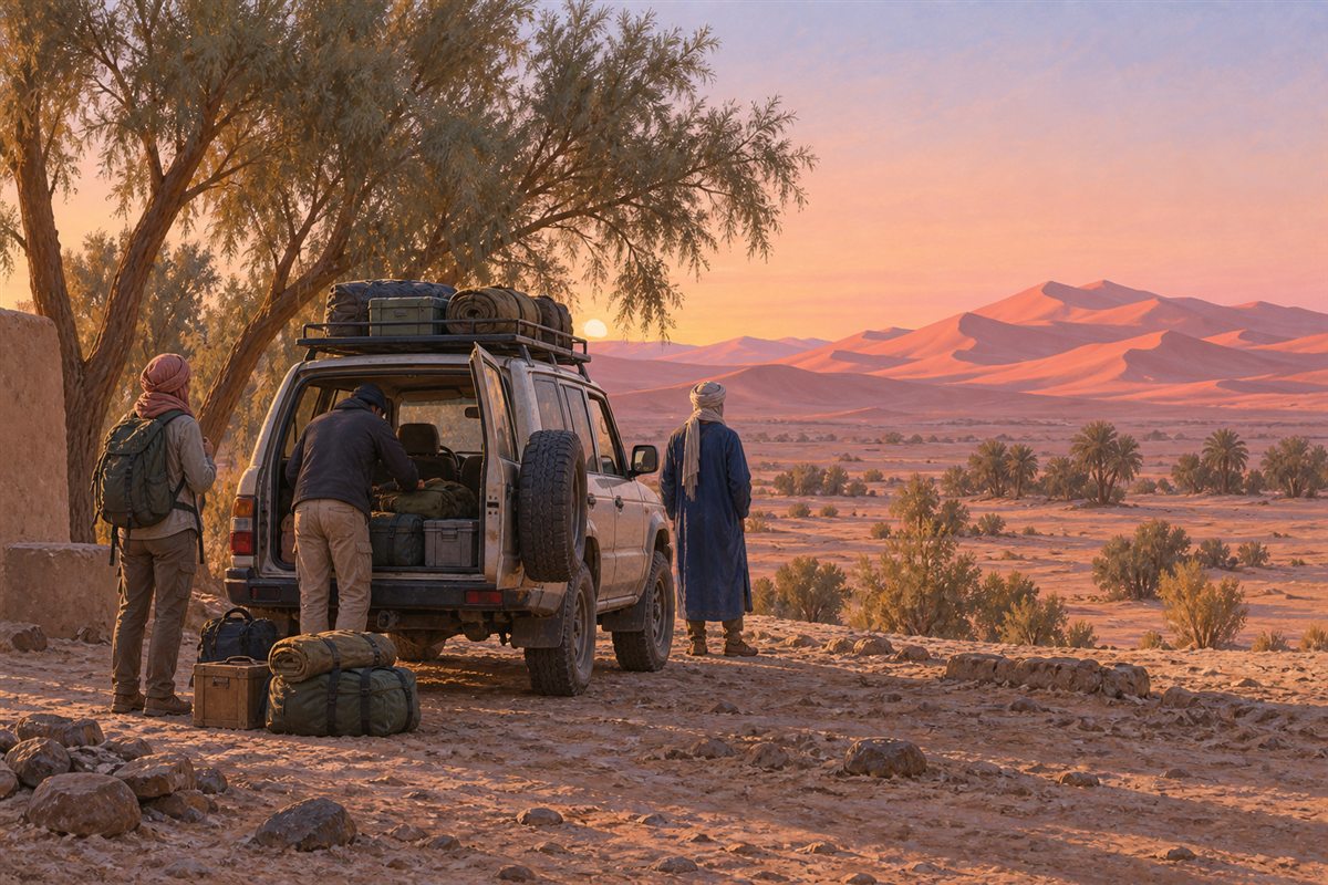 Illustration éditoriale MOP d’un départ à l’aube en 4×4 depuis M’Hamid vers les dunes.