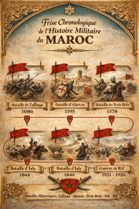 Découvrez les grandes batailles de l’histoire du Maroc, des Almoravides à la guerre du Rif, qui ont marqué le destin du royaume