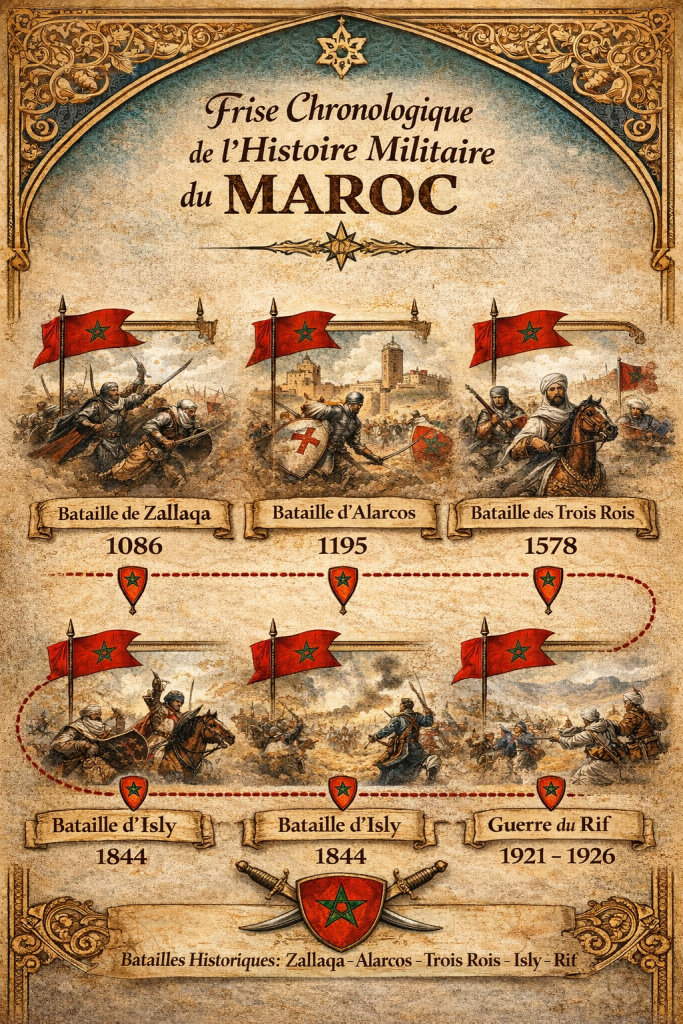 Découvrez les grandes batailles de l’histoire du Maroc, des Almoravides à la guerre du Rif, qui ont marqué le destin du royaume