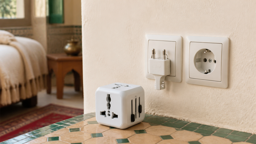 Prise électrique et adaptateur de voyage dans une chambre marocaine