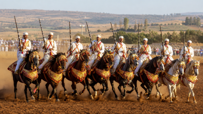 Cavaliers marocains de Tbourida avançant en ligne sur des chevaux richement harnachés