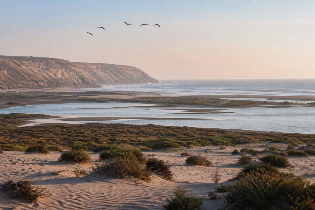Dunes, zones humides et falaises atlantiques du Parc national du Souss-Massa avec des oiseaux en vol