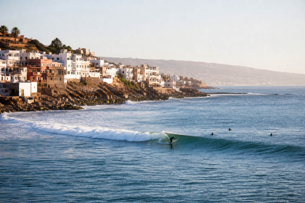Surfeur évoluant sur une vague modérée devant le village côtier de Taghazout