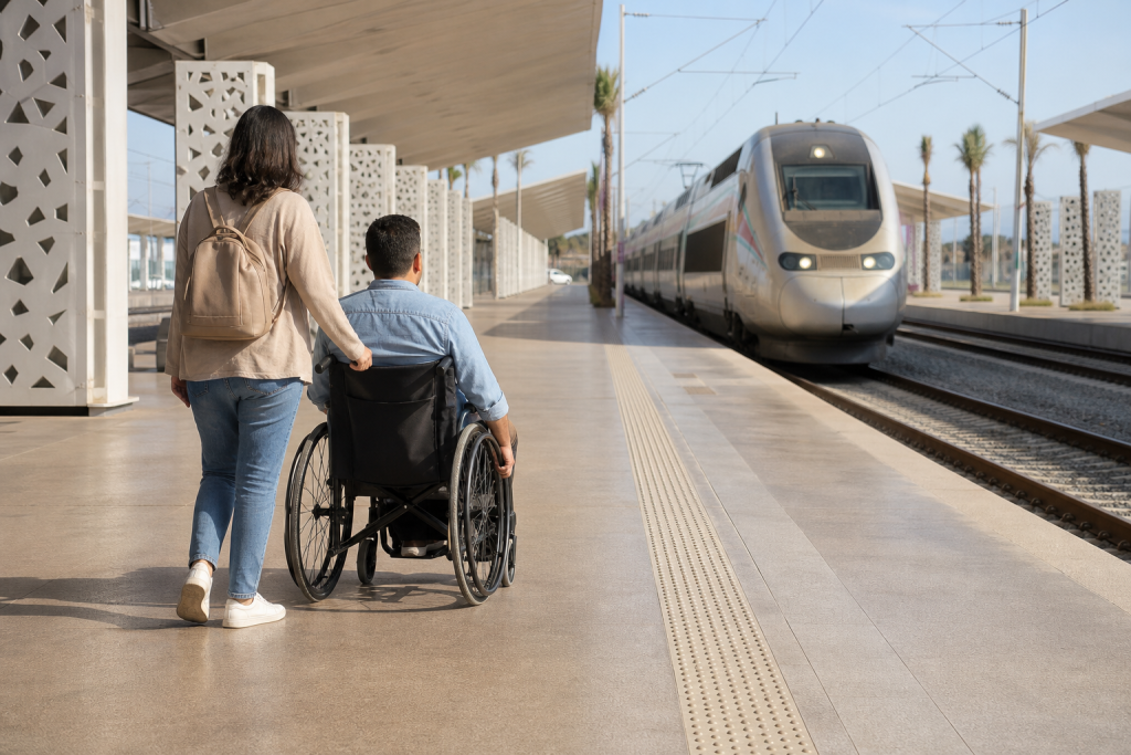 Voyageur en fauteuil roulant accompagné sur le quai accessible d’une gare marocaine