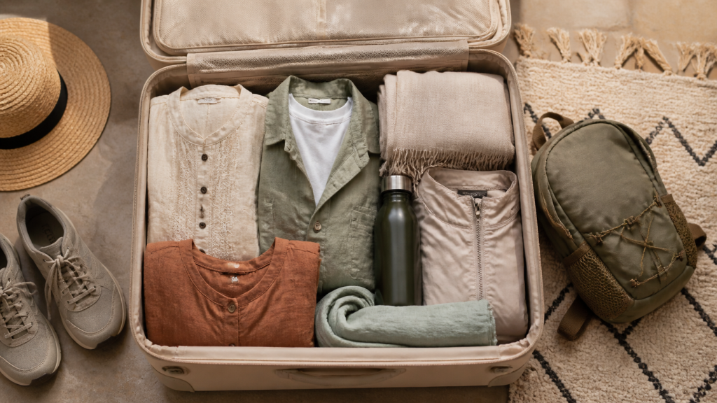 Open suitcase with layered clothing, hat, water bottle and walking shoes